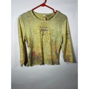 Y2K Baby Tee Long‎ Sleeve Top L Andalusian Jardin Des 3/4 Sleeve Rhinestone